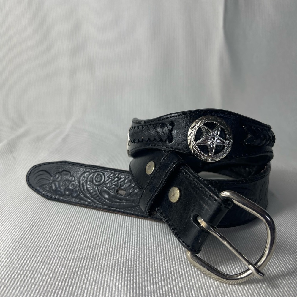 Silver Western Concho Cowboy Belt Black Tooled
Braided Leather Sz 44 - Picture 3 of 14